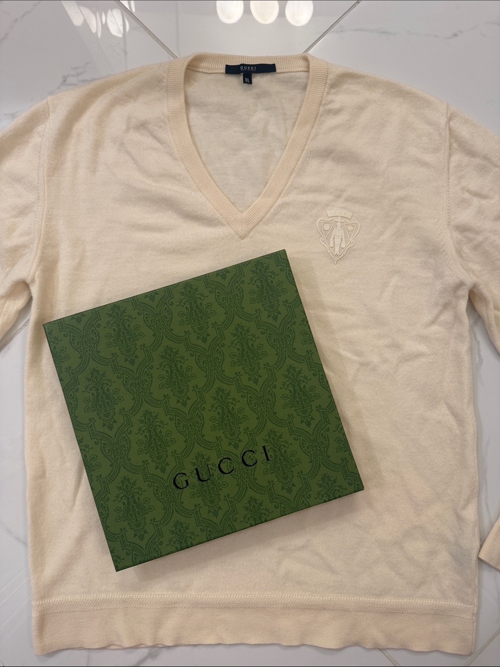 Gucci Cream V-Neck Pullover with Embroidered Crest